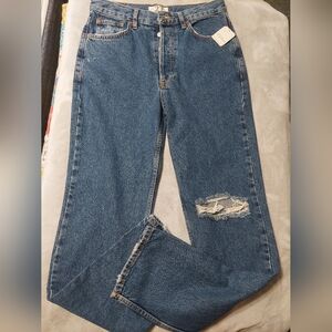 Free People The Lasso Straight Leg Jeans Size 27 Blue Sapphire Ripped Knee